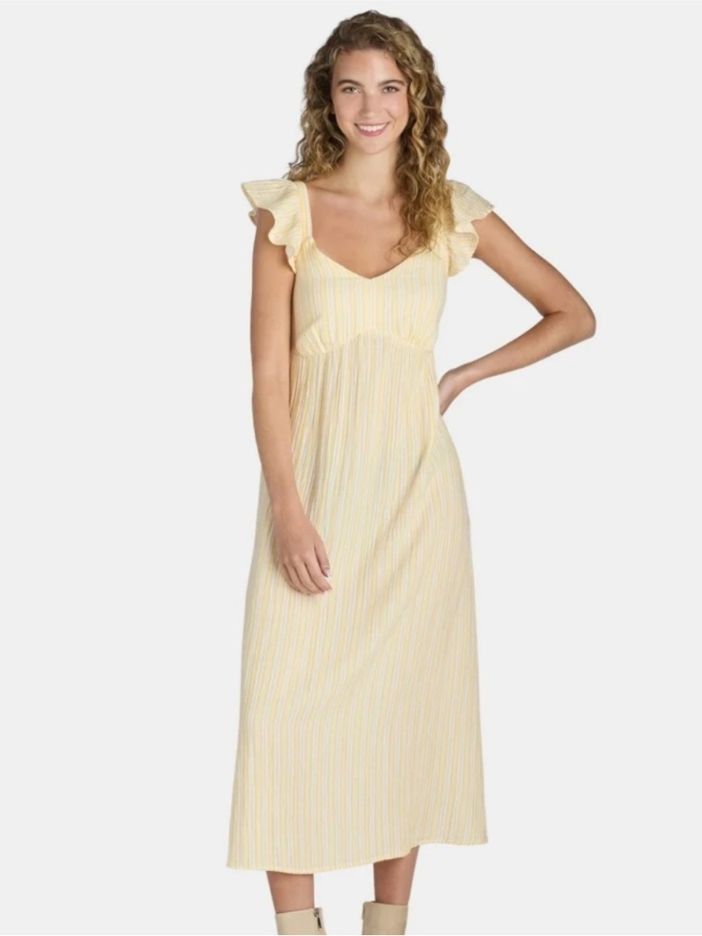 Yellow Stripe Ruffle-Sleeve Maxi Dress